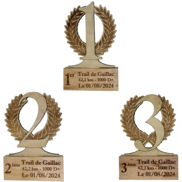 Lot de 3 trophées en bois en forme de chiffre avec couronne de laurier