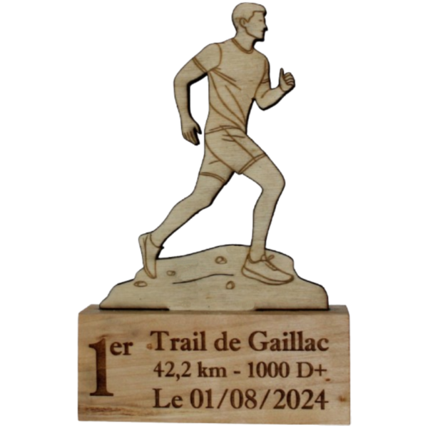 Trophée en bois de course à pied - homme - vue de face