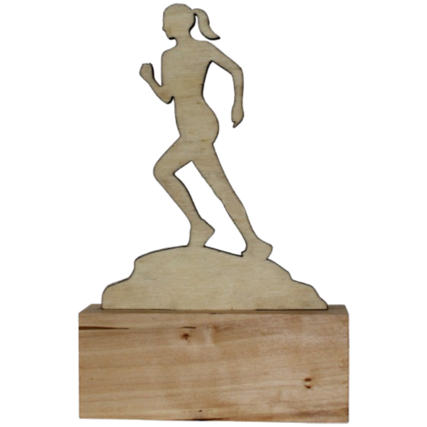 Trophée en bois de course à pied - femme - vue arrière