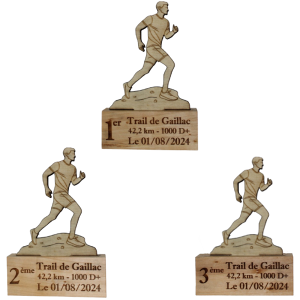 Lot de 3 trophées en bois pour la course à pied - homme