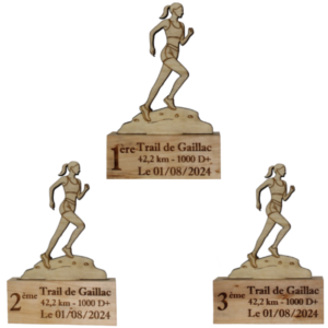 3 trophées en bois de course à pied - femme