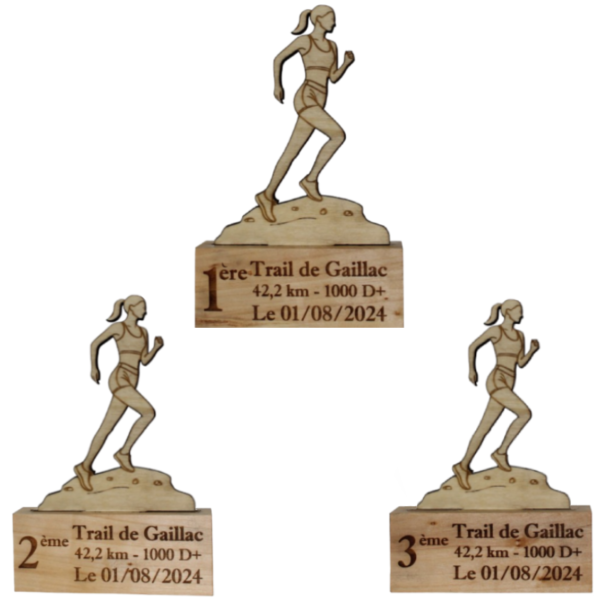 3 trophées en bois de course à pied - femme