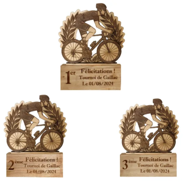 Trophées de vélo à personnaliser - en bois - laurier - vue de face