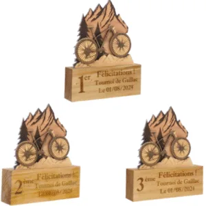 Trophées de VTT à personnaliser - en bois - montagne - vue de travers