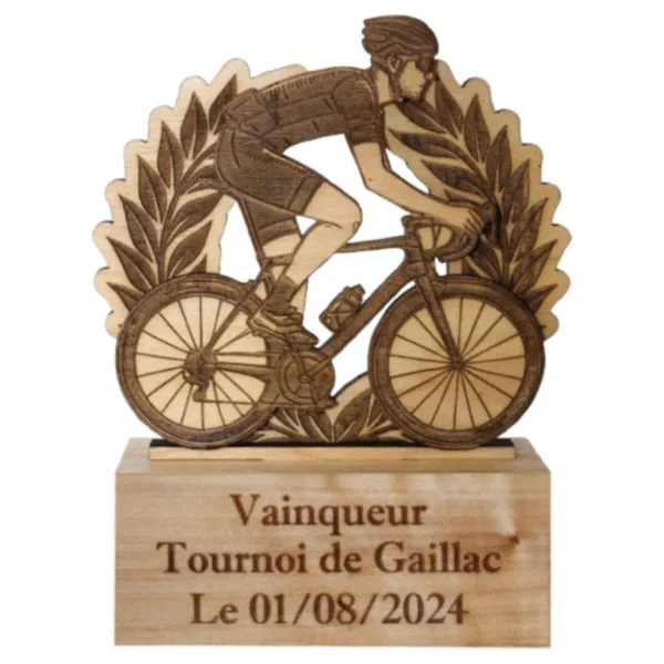 Trophée de vélo à personnaliser - en bois - laurier - vue de face