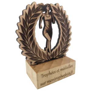 Mini-trophée bois de course à pied - femme et laurier - travers