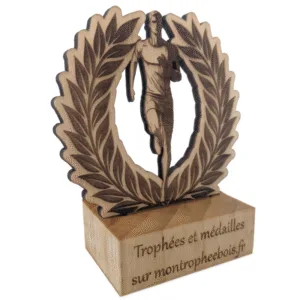 Mini-trophée bois de course à pied - homme et laurier - travers
