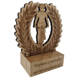 Mini-trophée bois de cyclisme - femme et laurier - travers