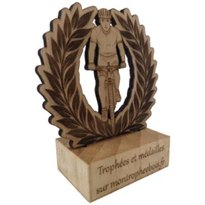 Mini-trophée bois de cyclisme - homme et laurier - travers